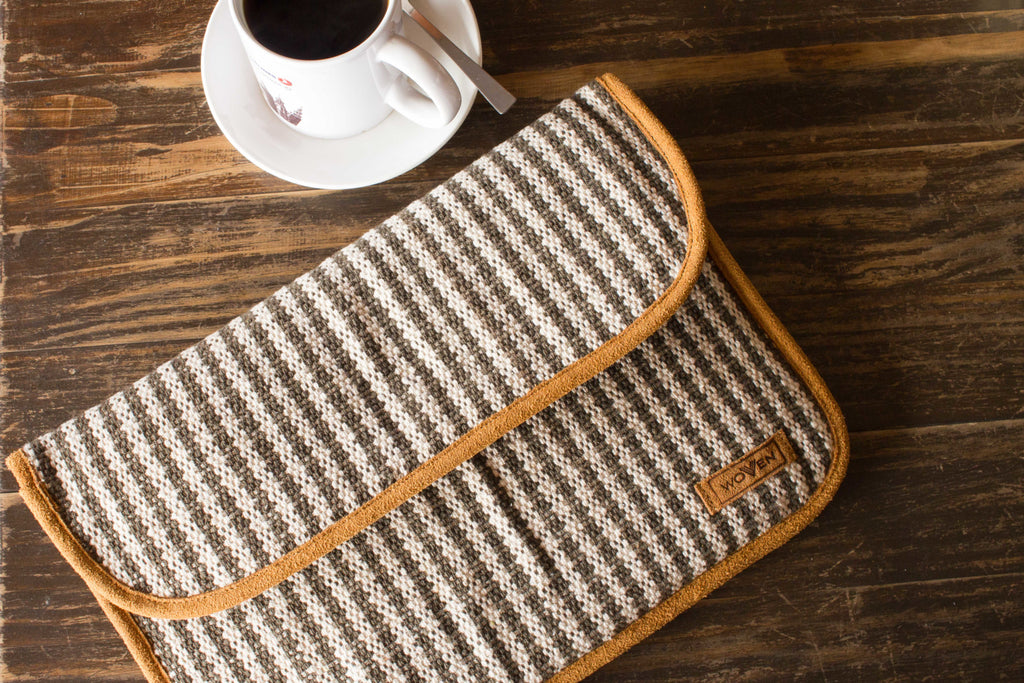 iPad Sleeve - Brown/ Grey/ White Stripe Pattern - MuniMuni